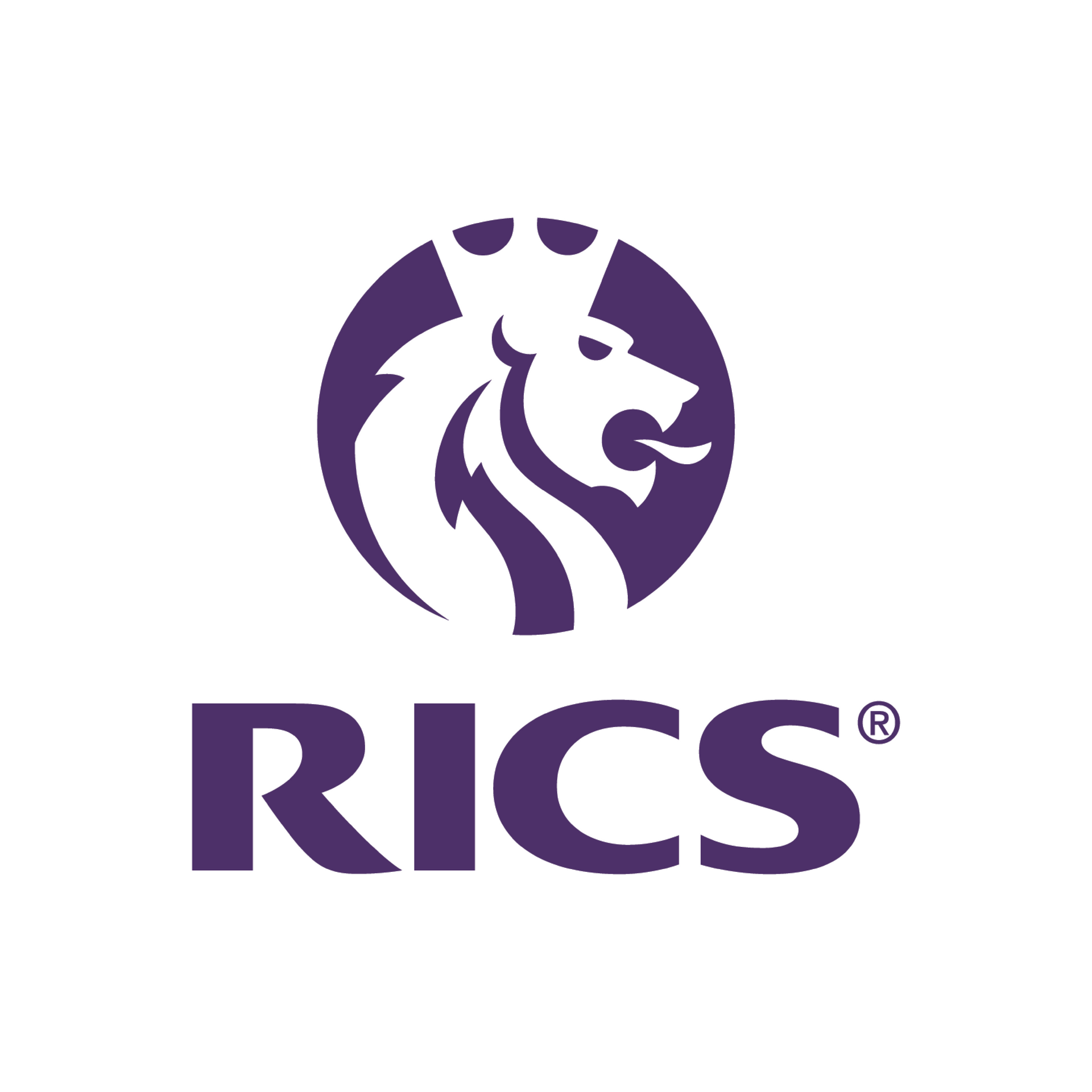 A purple logo with a lion and the word rics on it.