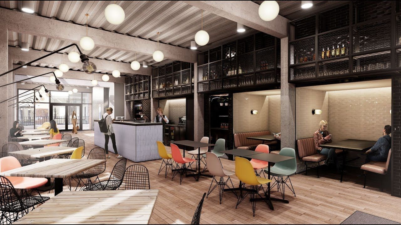 An artist 's impression of a restaurant with tables and chairs.