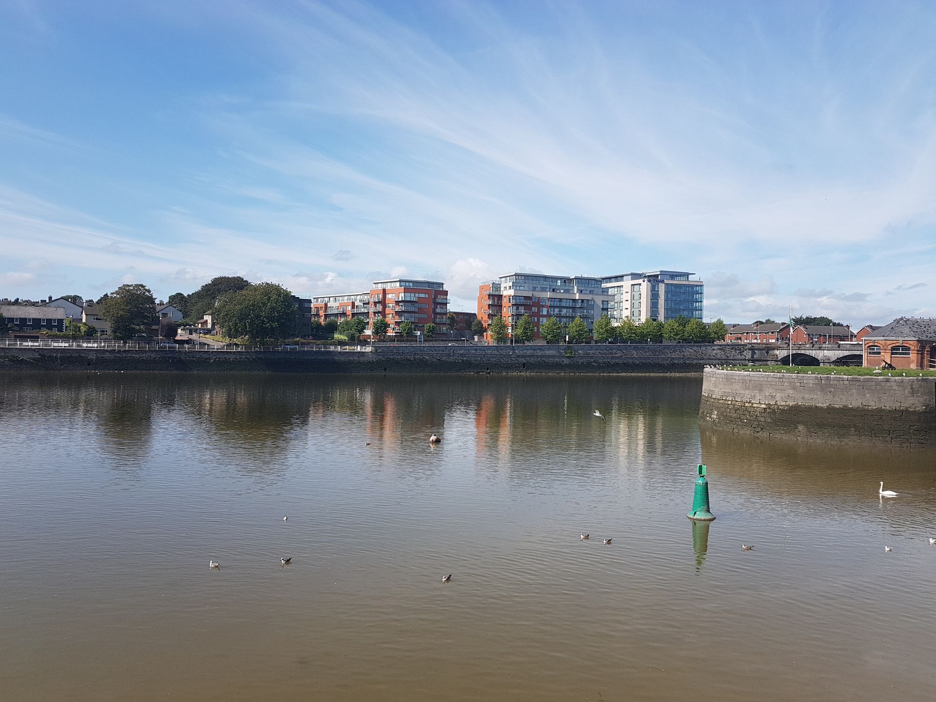A large body of water with buildings in the background and a green buoy in the middle.