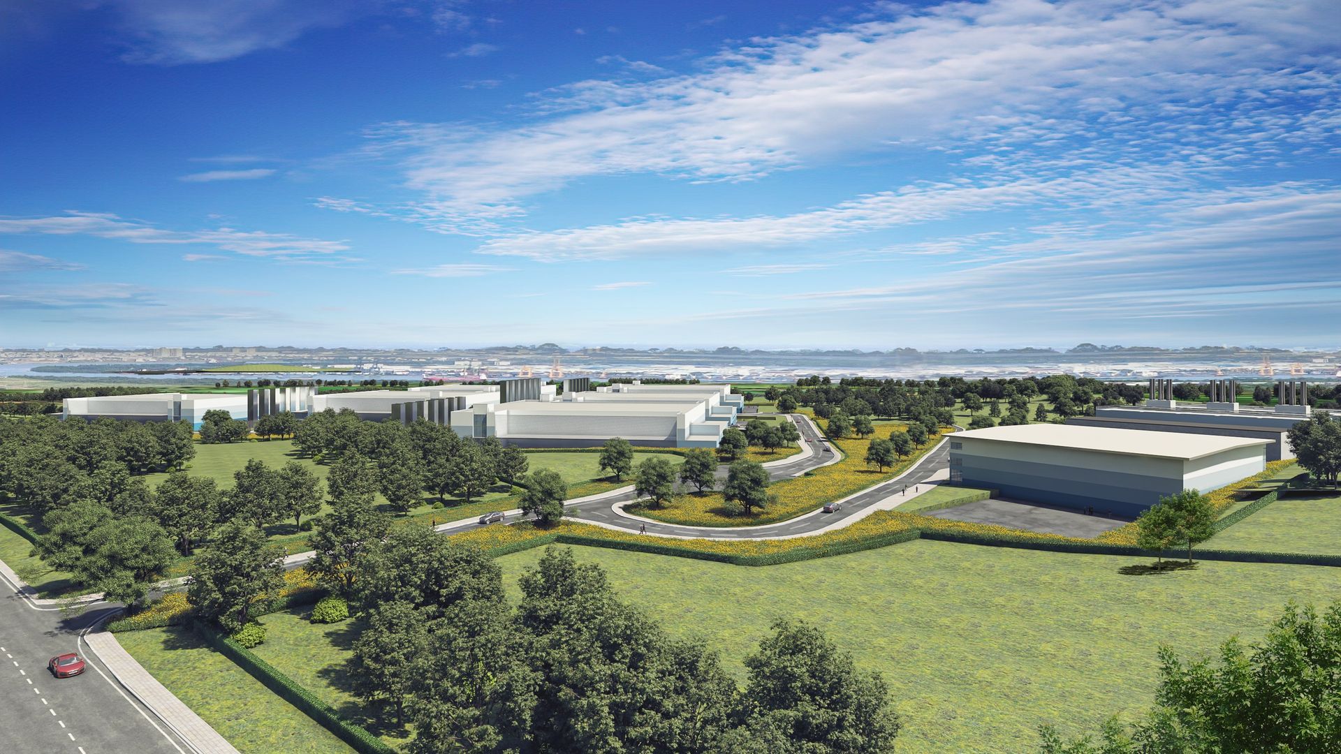 An artist 's impression of a large industrial area with lots of buildings and trees.