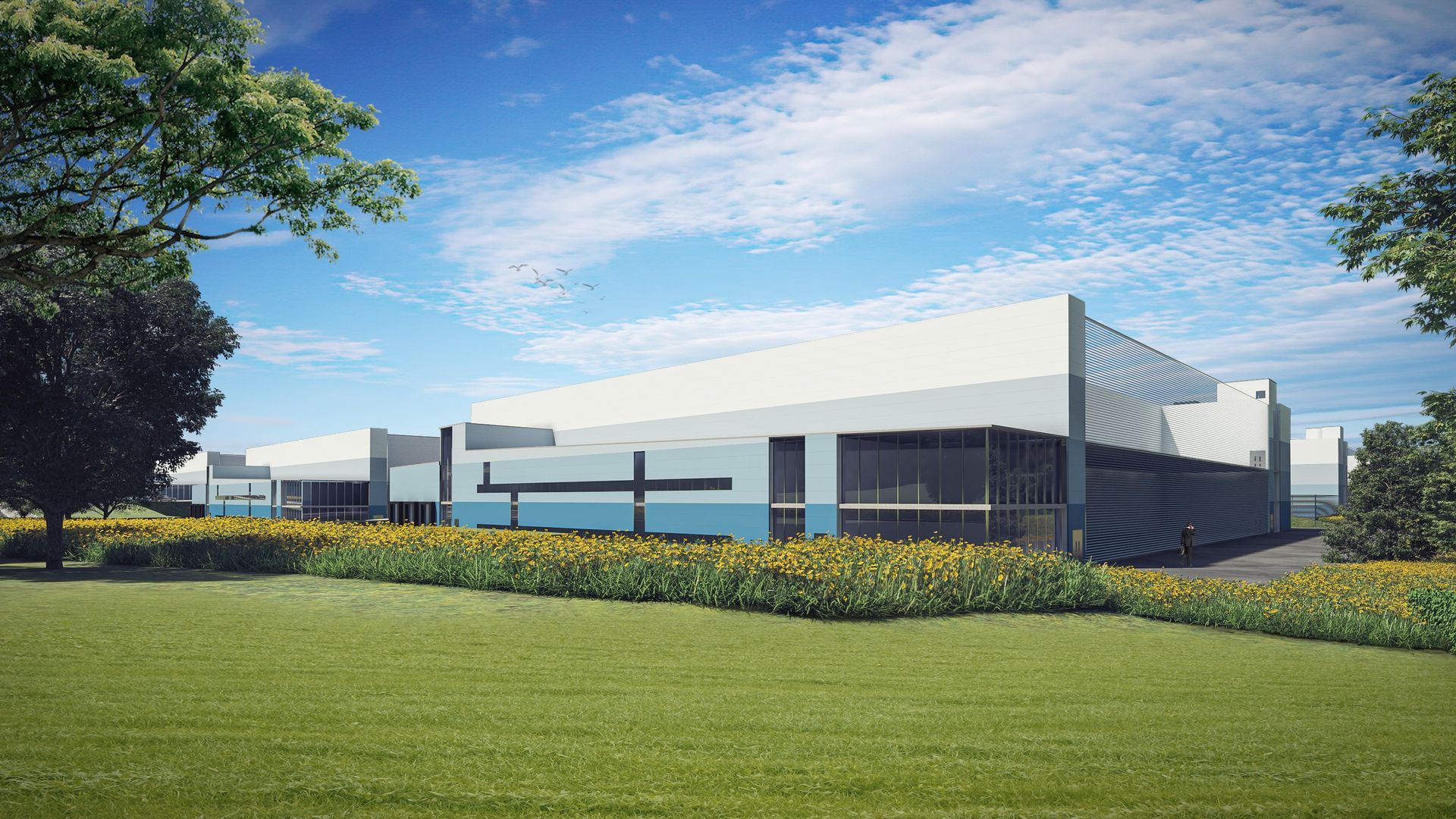 An artist 's impression of a large white building sitting on top of a lush green field.