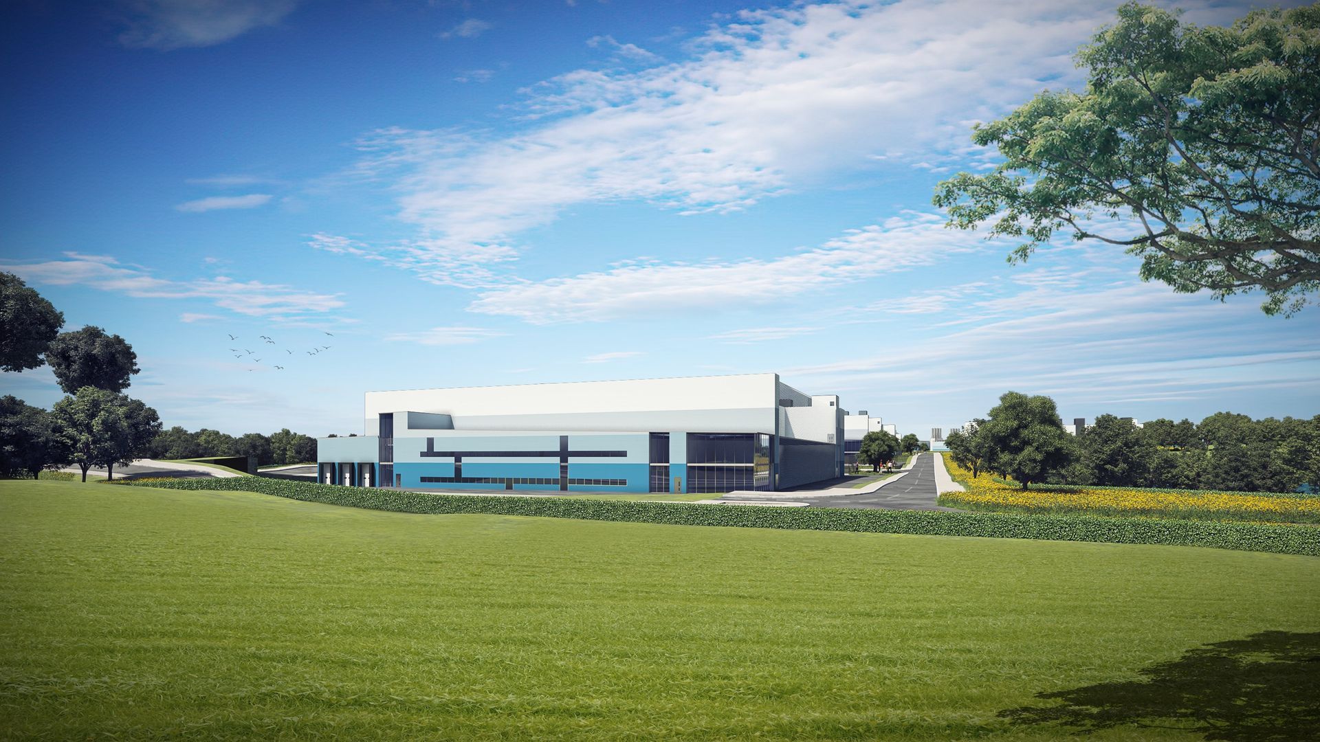 An artist 's impression of a large building in the middle of a grassy field.