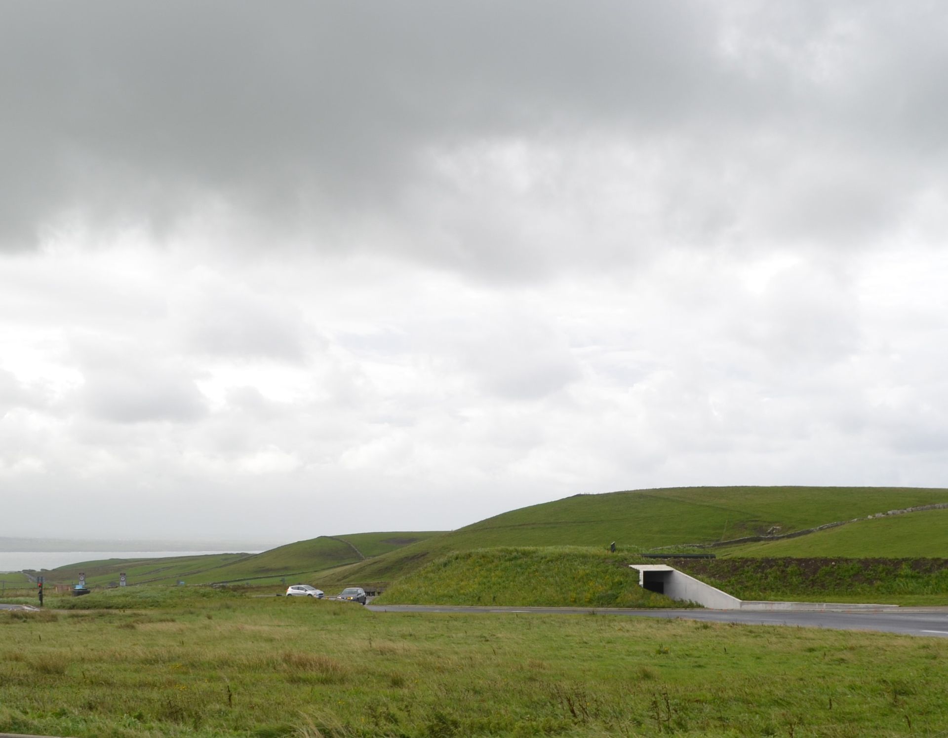 A road going through a grassy field on a cloudy day