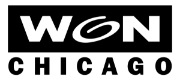 A black and white logo for won chicago on a white background.