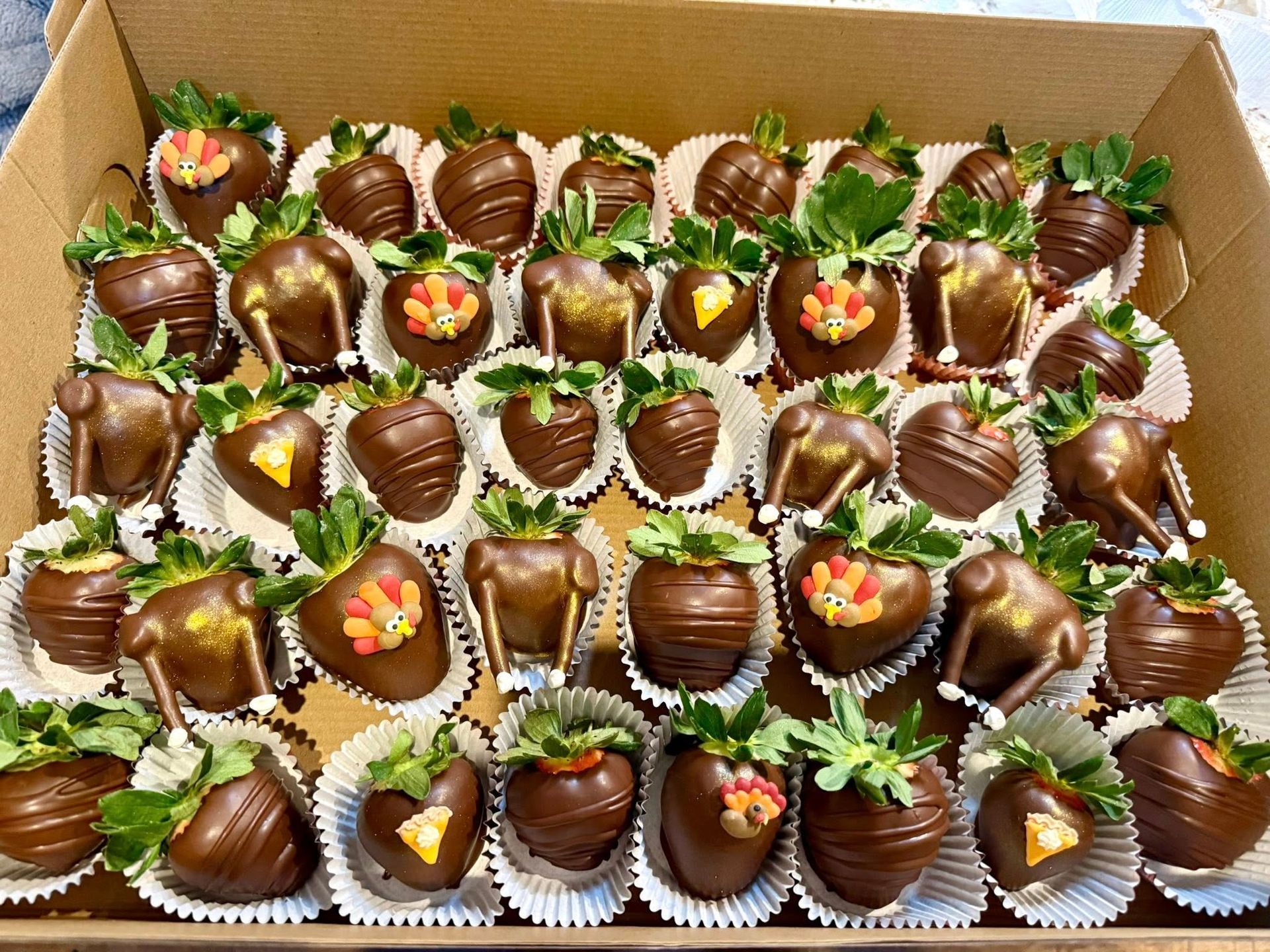 A basket filled with Thanksgiving-themed turkey plush toys, colorful crayon turkeys, and decorated favor bags.