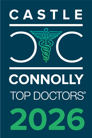 Castle Connolly Top Doctors 2026 logo featuring a caduceus symbol centered between two white Cs on a dark teal background.