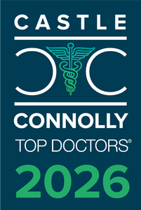 Castle Connolly Top Doctors 2026 logo featuring a caduceus symbol centered between two white Cs on a dark teal background.