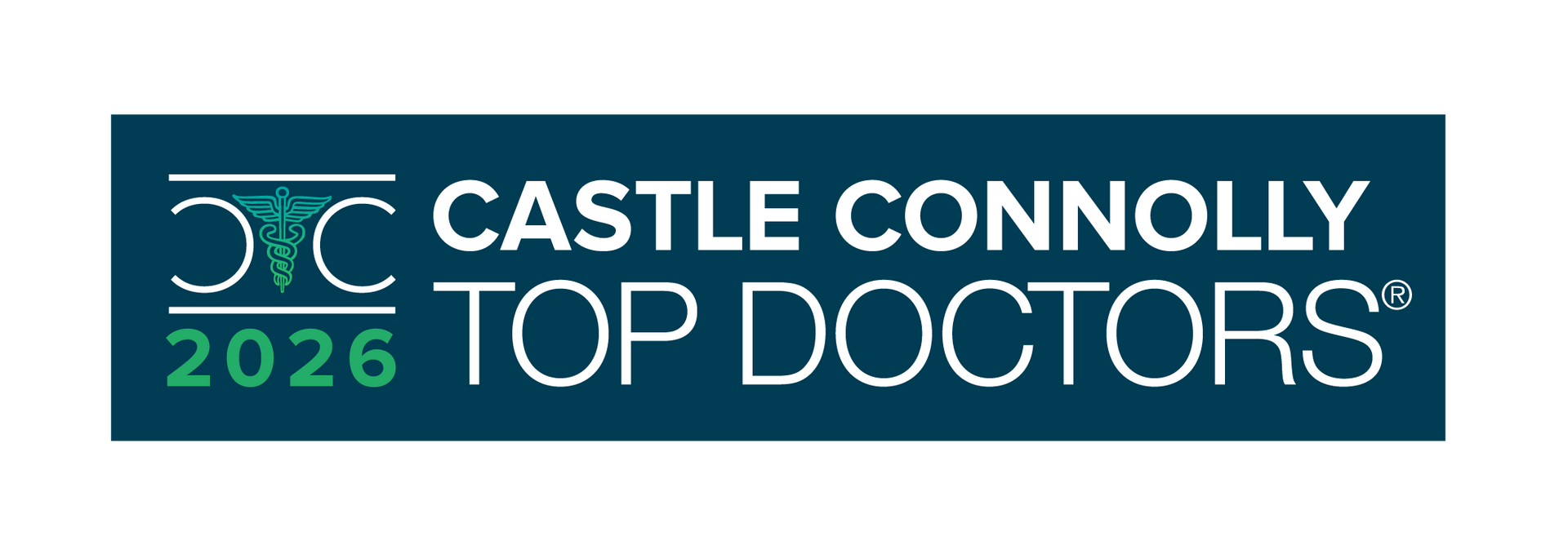 Castle Connolly Top Doctors 2026 logo on a blue rectangle. White text on top, green 