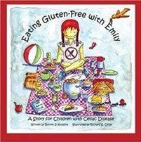 A book cover titled Eating Gluten-Free with Emily showing a child on a picnic blanket with various foods and a red border.