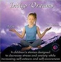 Girl meditating on mountains, sky background; title 