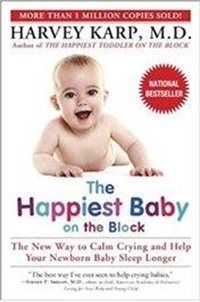 Book cover for The Happiest Baby on the Block by Dr. Harvey Karp featuring a smiling baby on a white background.