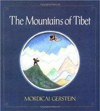 Book cover for The Mountains of Tibet by Mordicai Gerstein, showing a figure flying a kite over snowy mountain peaks.
