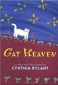 Book cover for Cat Heaven by Cynthia Rylant showing a white cat on a hill against a blue, starry night sky.