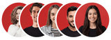 Five smiling people's faces cropped in colorful circles: blue, tan, pink, and mint green backgrounds.