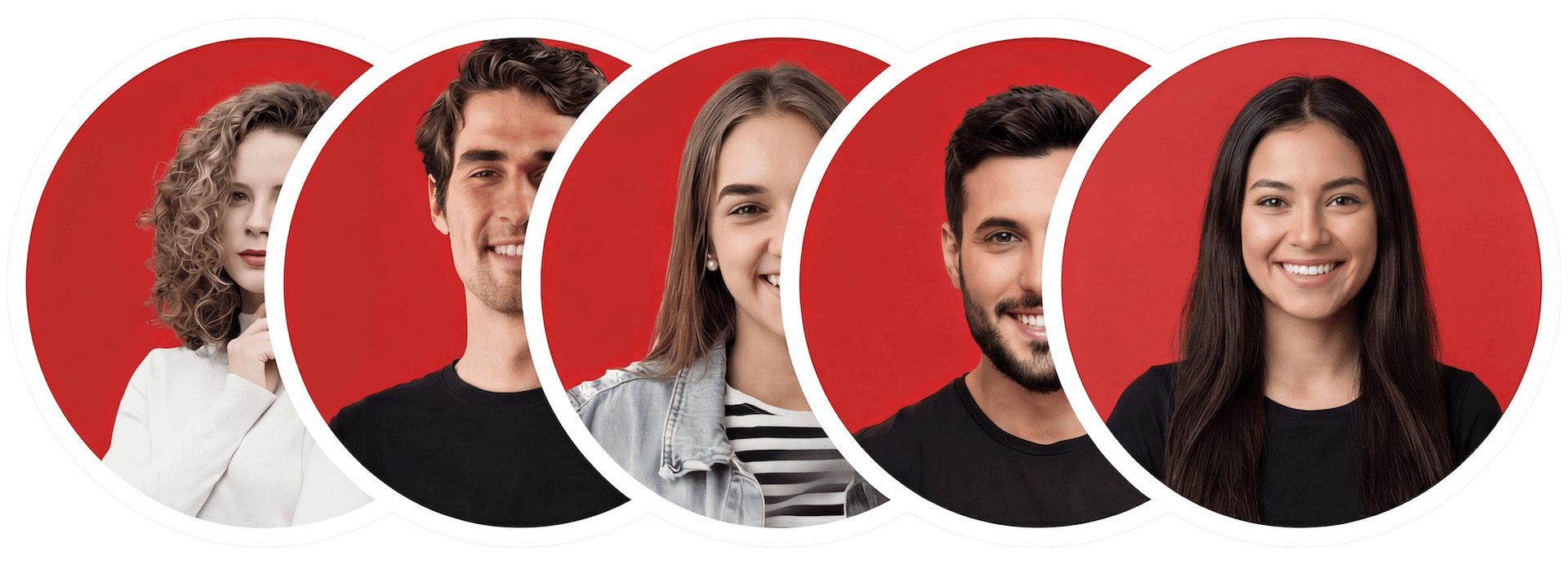 Five smiling people's faces cropped in colorful circles: blue, tan, pink, and mint green backgrounds.