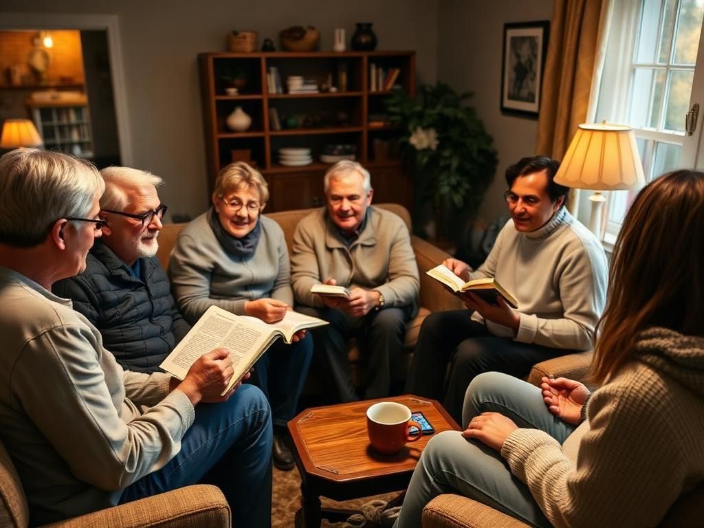 Six people sit in a cozy living room, sharing papers and talking around a coffee table.