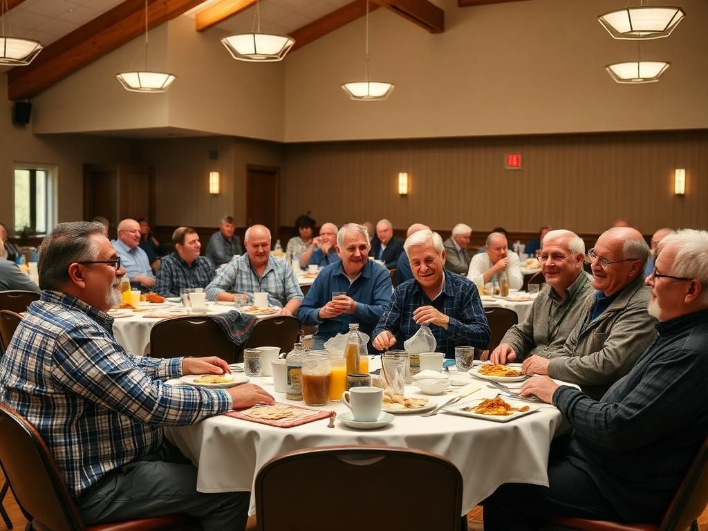 Group of people seated around a banquet table in a warmly lit dining hall, sharing a meal and conversation