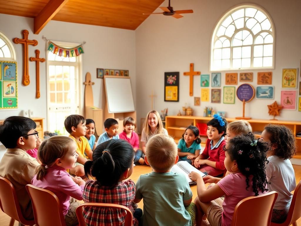 Children sitting in a circle in a bright classroom with religious wall decorations and an arched window.