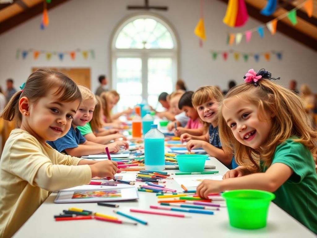 Children painting at a long table in a bright classroom with colorful art supplies and smiling faces
