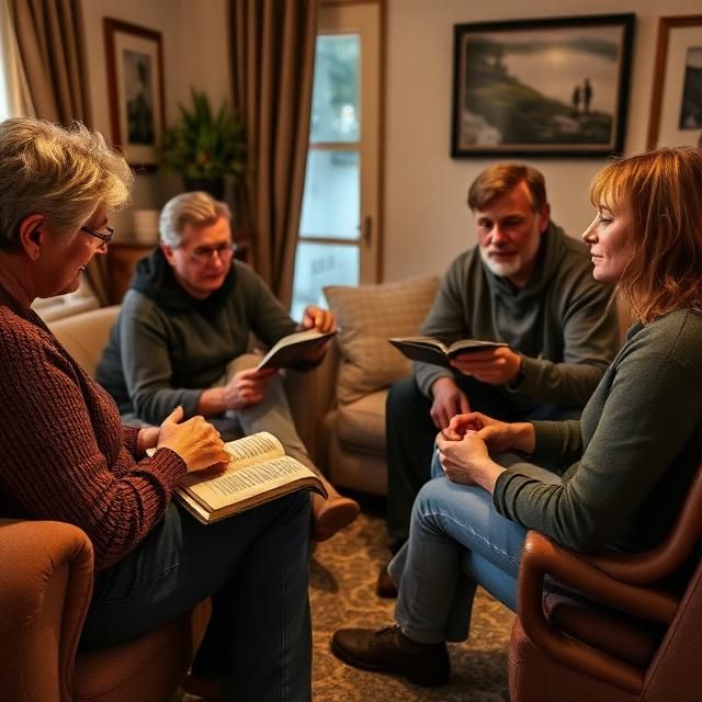Small group seated in a cozy living room, reading from books and tablets during a discussion.