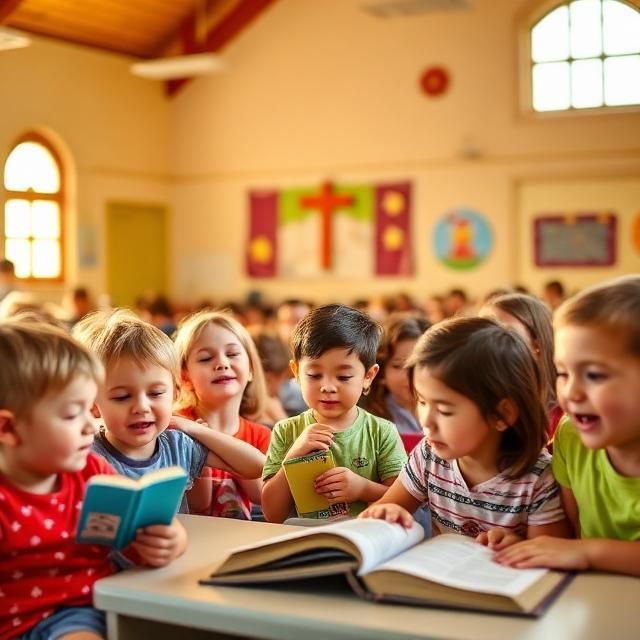 Children reading books together in a bright classroom