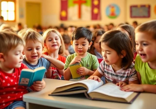 Children reading colorful books together at a classroom table, with open books and a warm, bright background