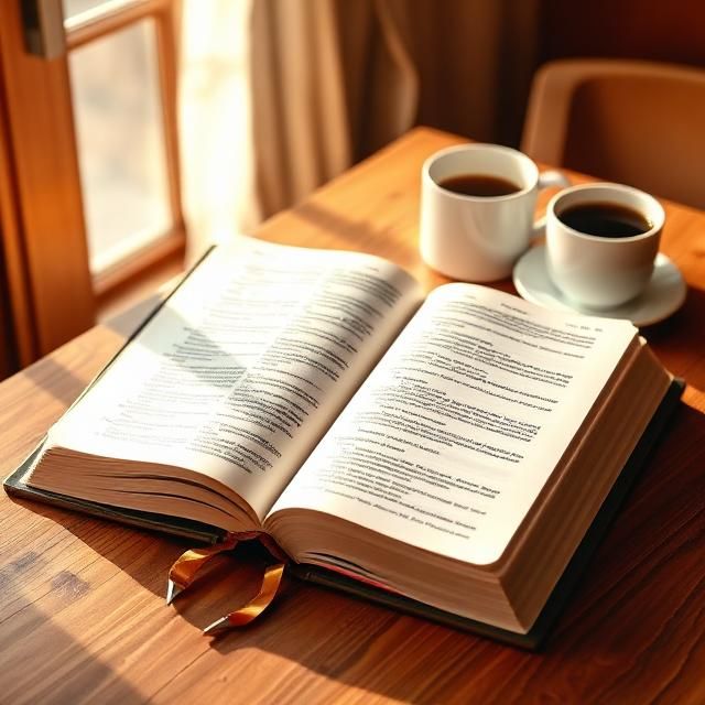 Open book on a sunlit table with two cups of coffee nearby