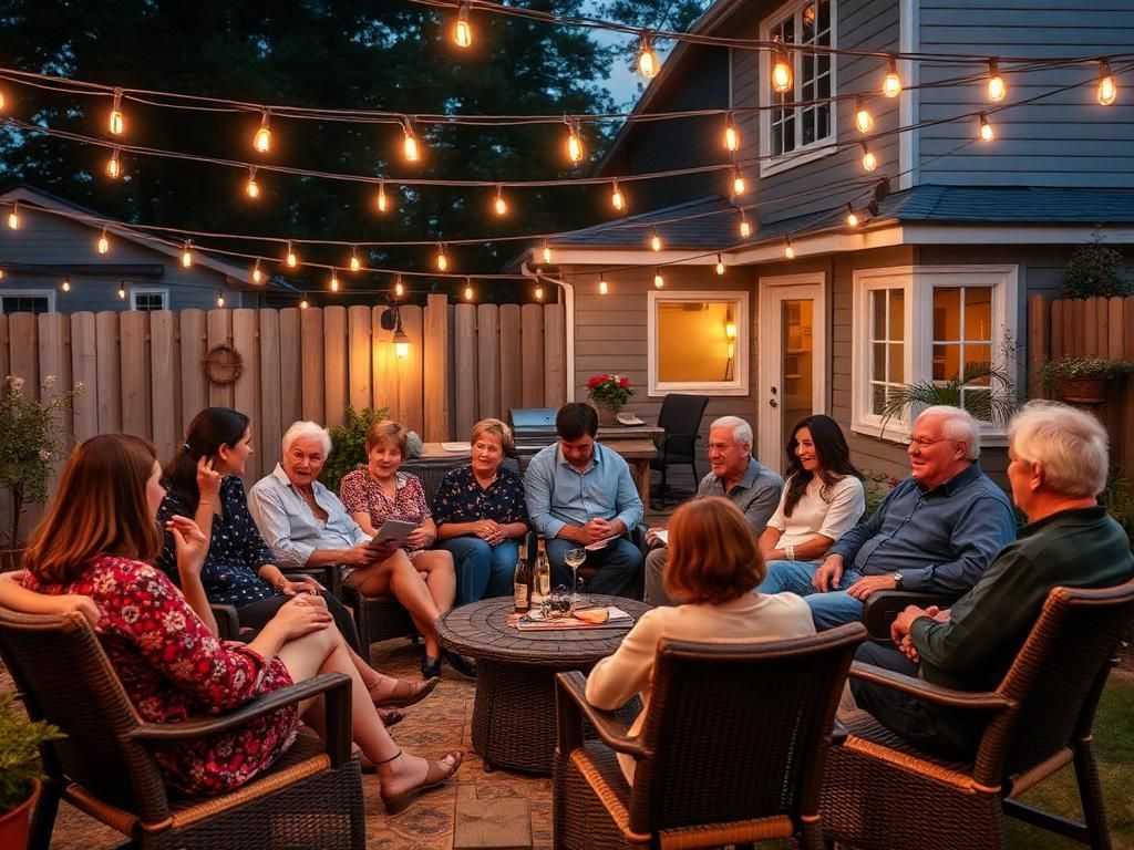 People seated in a backyard patio at dusk under string lights, gathered around a fire pit