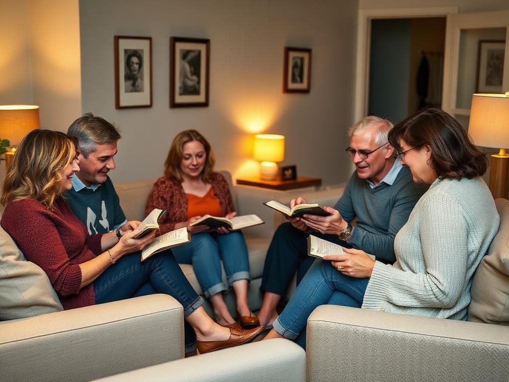 Group of adults sitting in a living room, reading and chatting on sofas with a warm lamp-lit setting