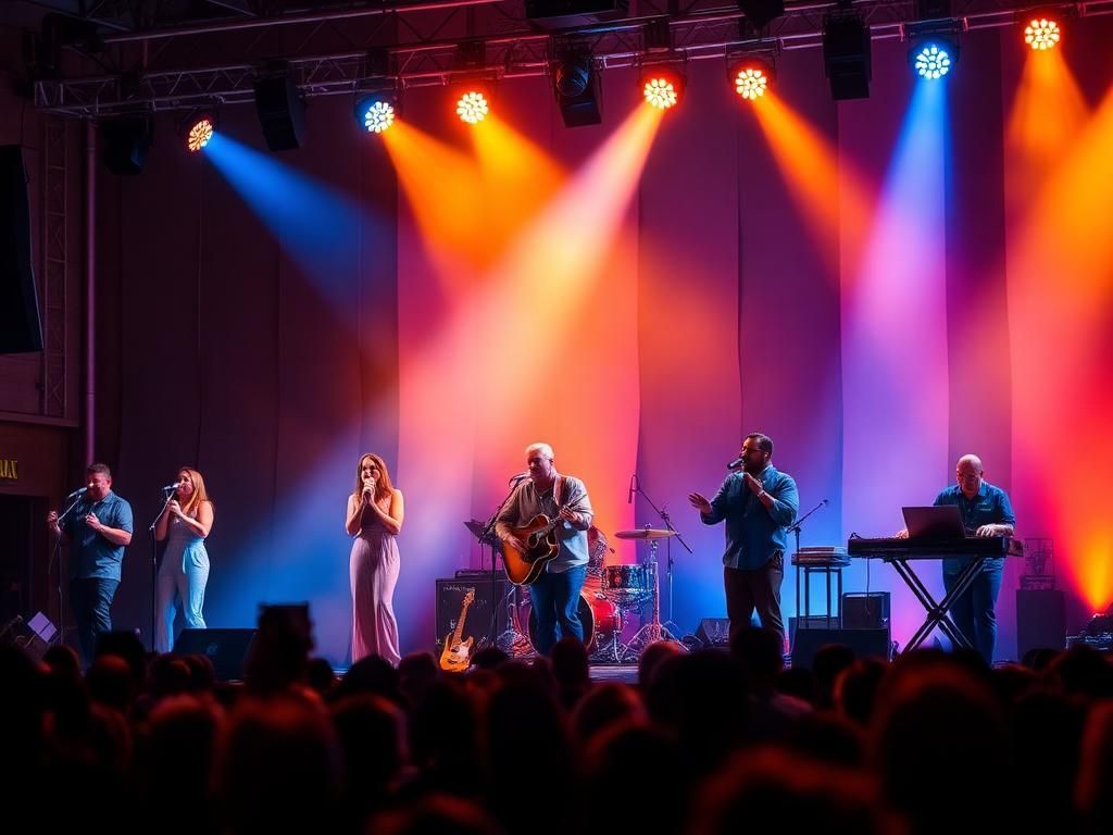 Live band performing on stage under red, blue, and orange lights with audience silhouettes in front