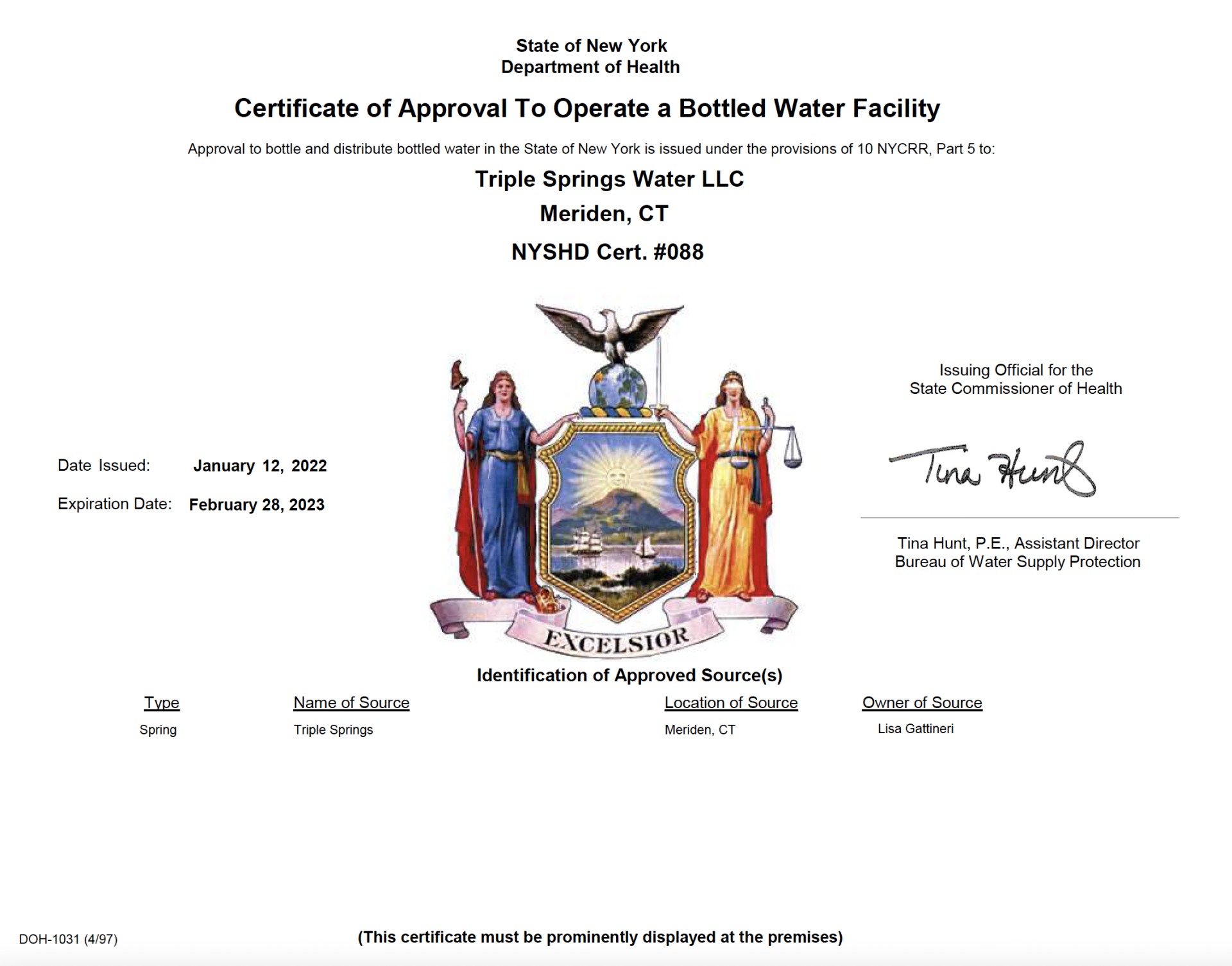 Certificate of Approval To Operate a Bottled Water Facility