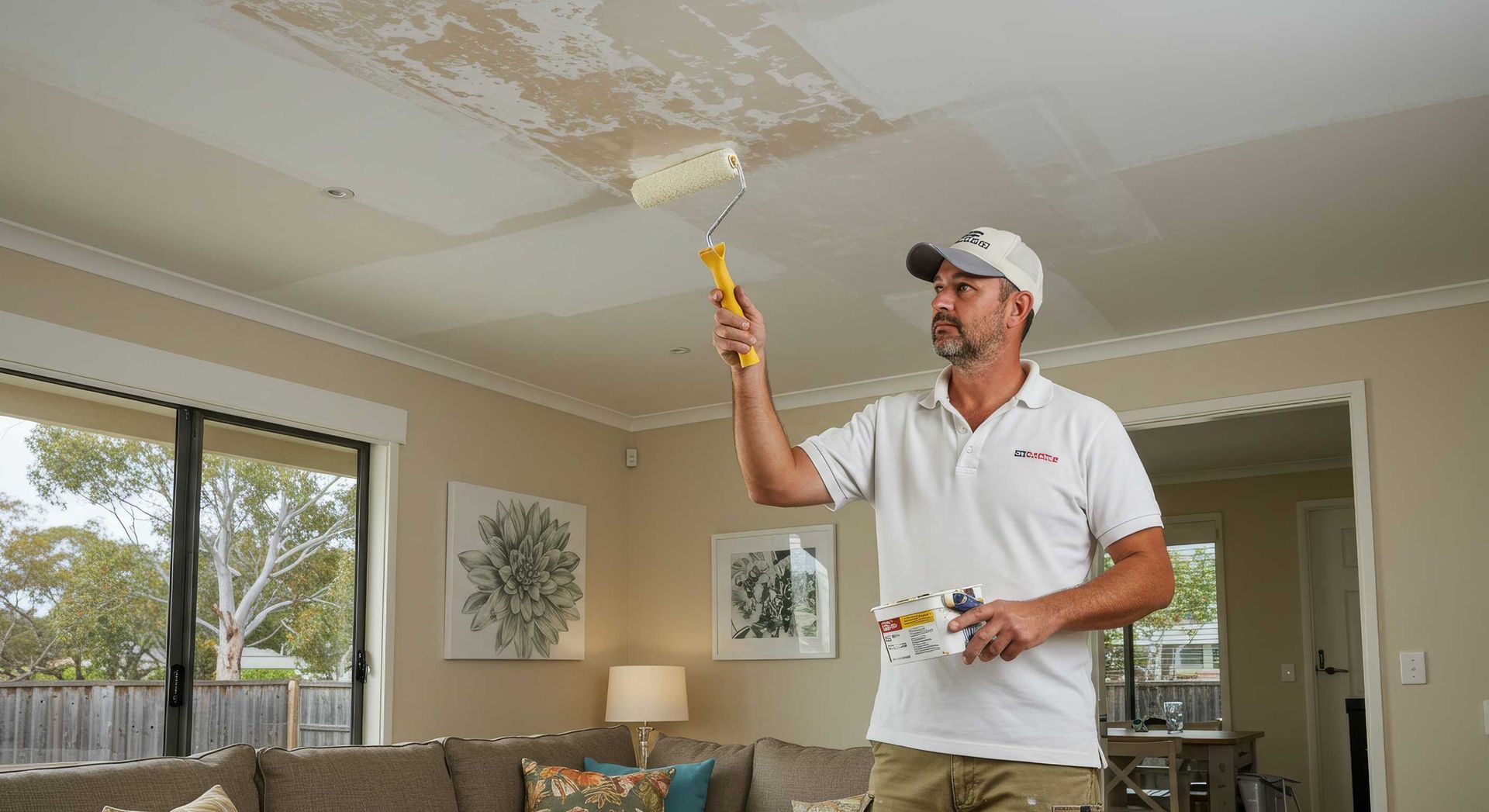 Painter Working On Freshly Painted Ceiling In Rockhampton Home