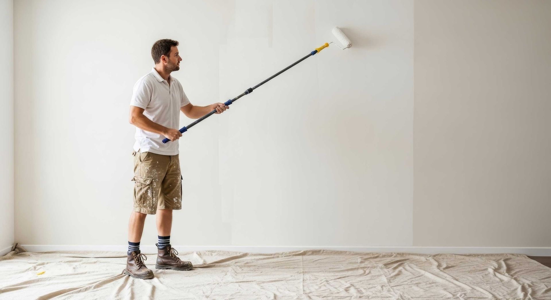 Pleased Client Standing Beside Freshly Painted Hallway Wall