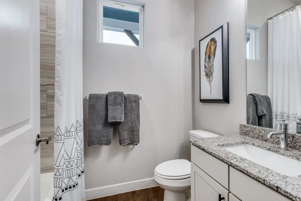 A bathroom with a toilet, sink, and shower curtain.