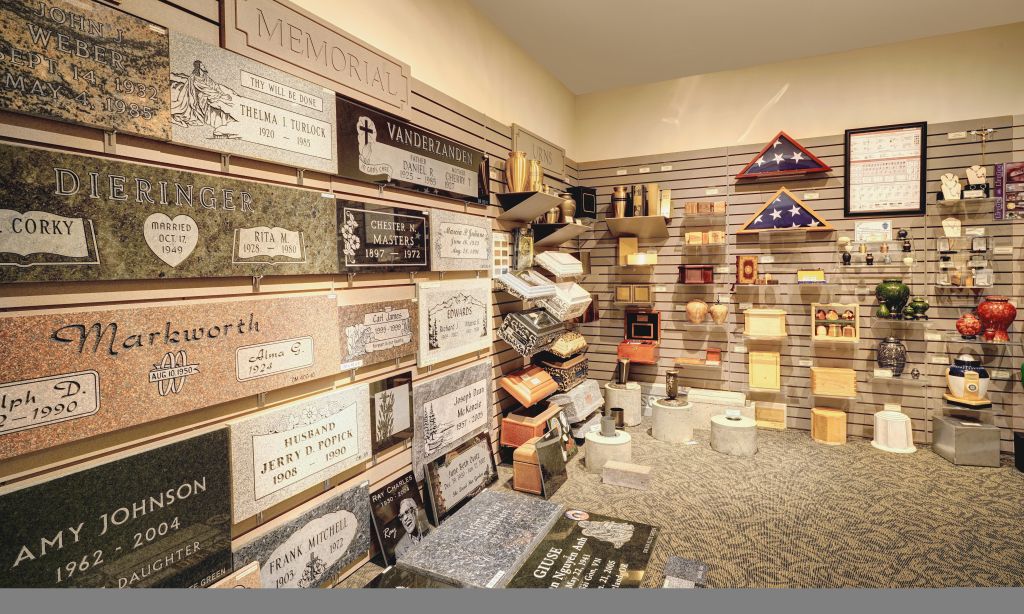 a merchandise room with tombstones, urns, keepsakes