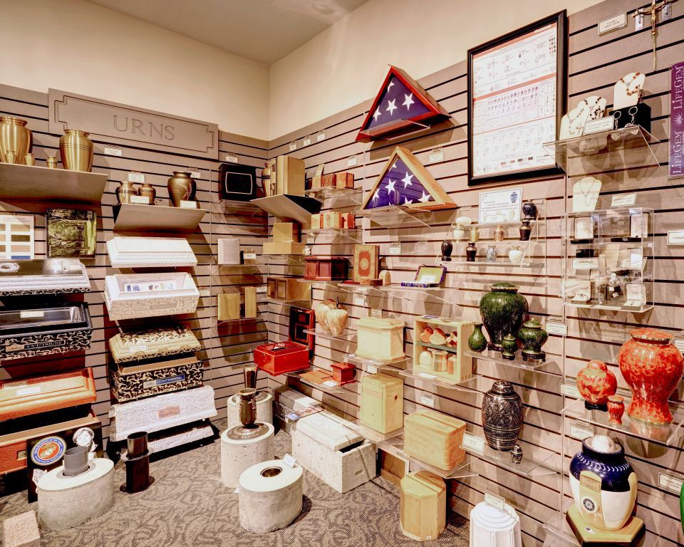 a merchandise room with tombstones, urns, keepsakes