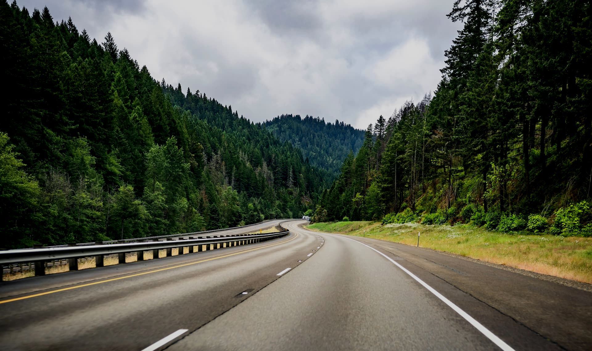 A highway going through a forest with mountains in the background.