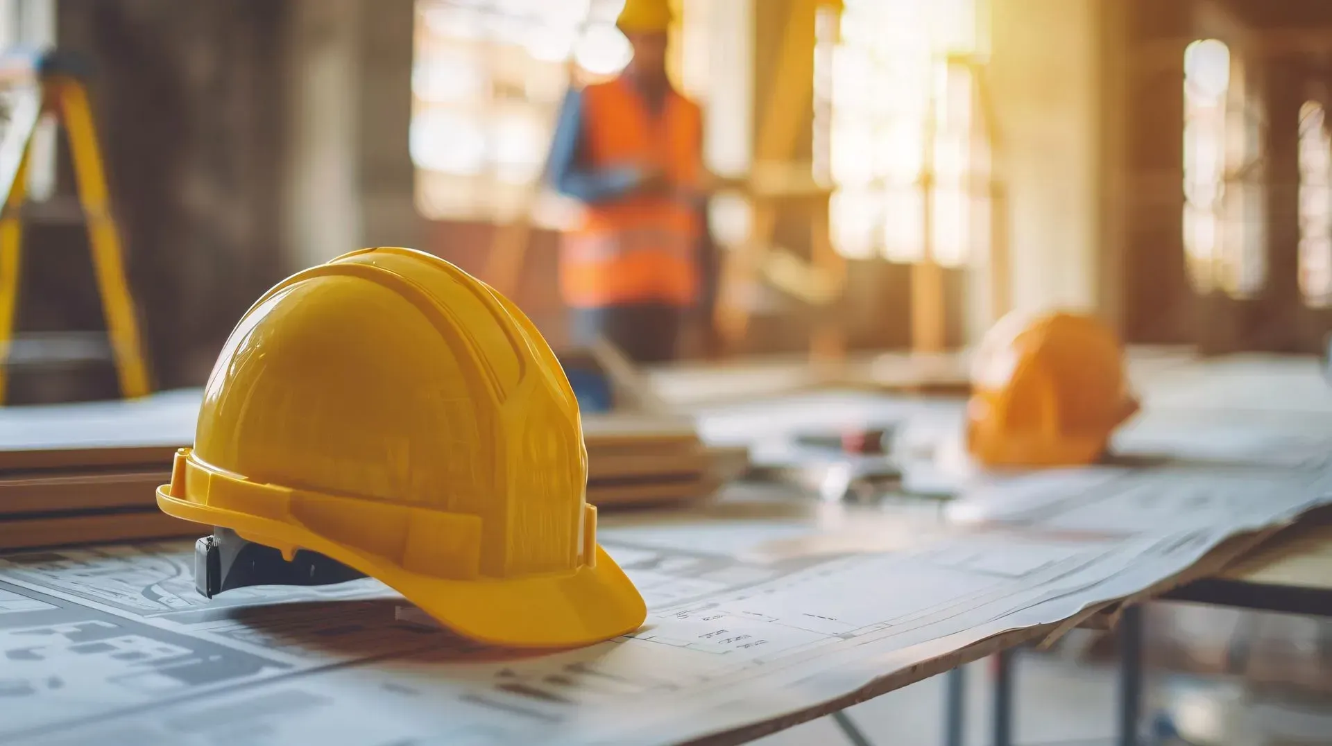 Yellow hard hat on construction plans at a building site with workers blurred in the background