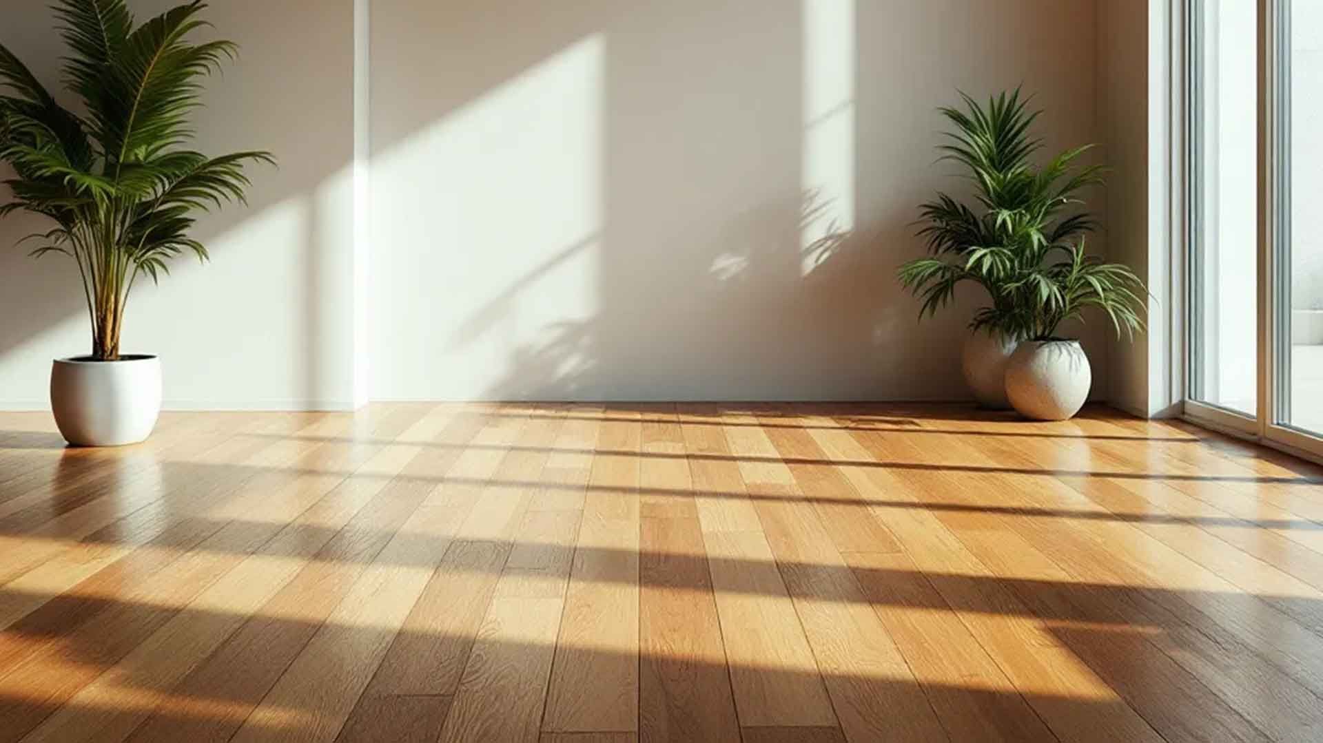 Sunlit empty room with wooden floor, two potted plants, and tall windows casting shadows.