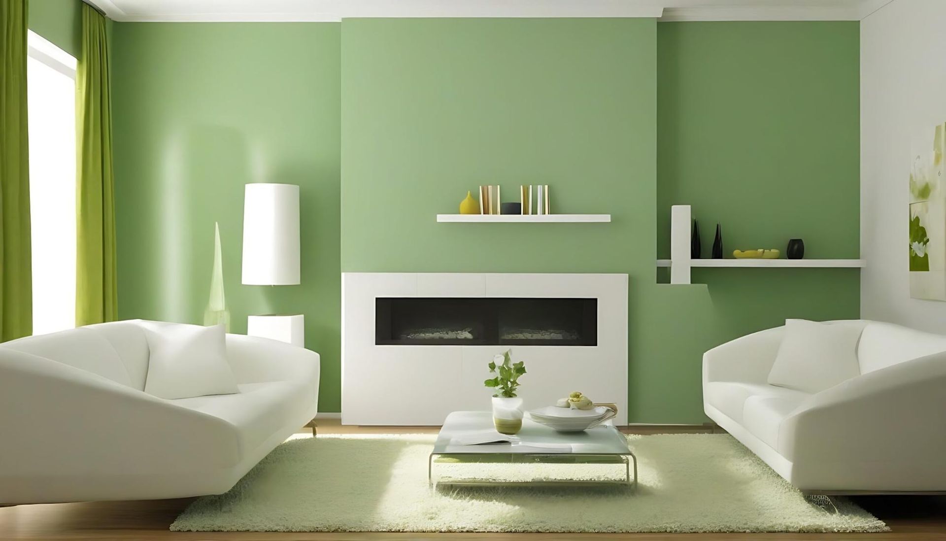 Modern living room with green walls, white sofas, fireplace, and a low coffee table
