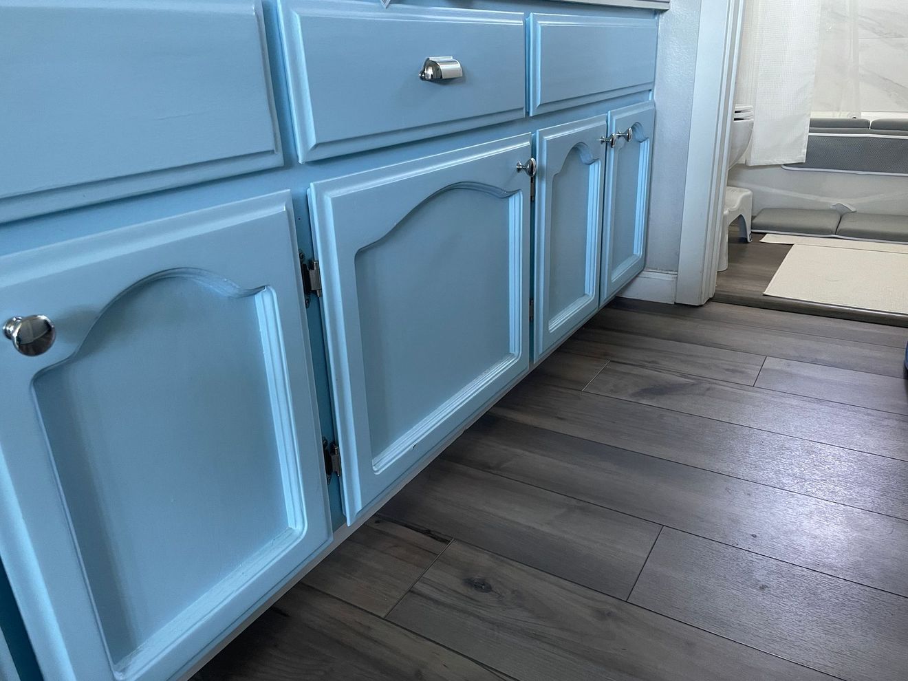 close up kitchen cabinets blue paint