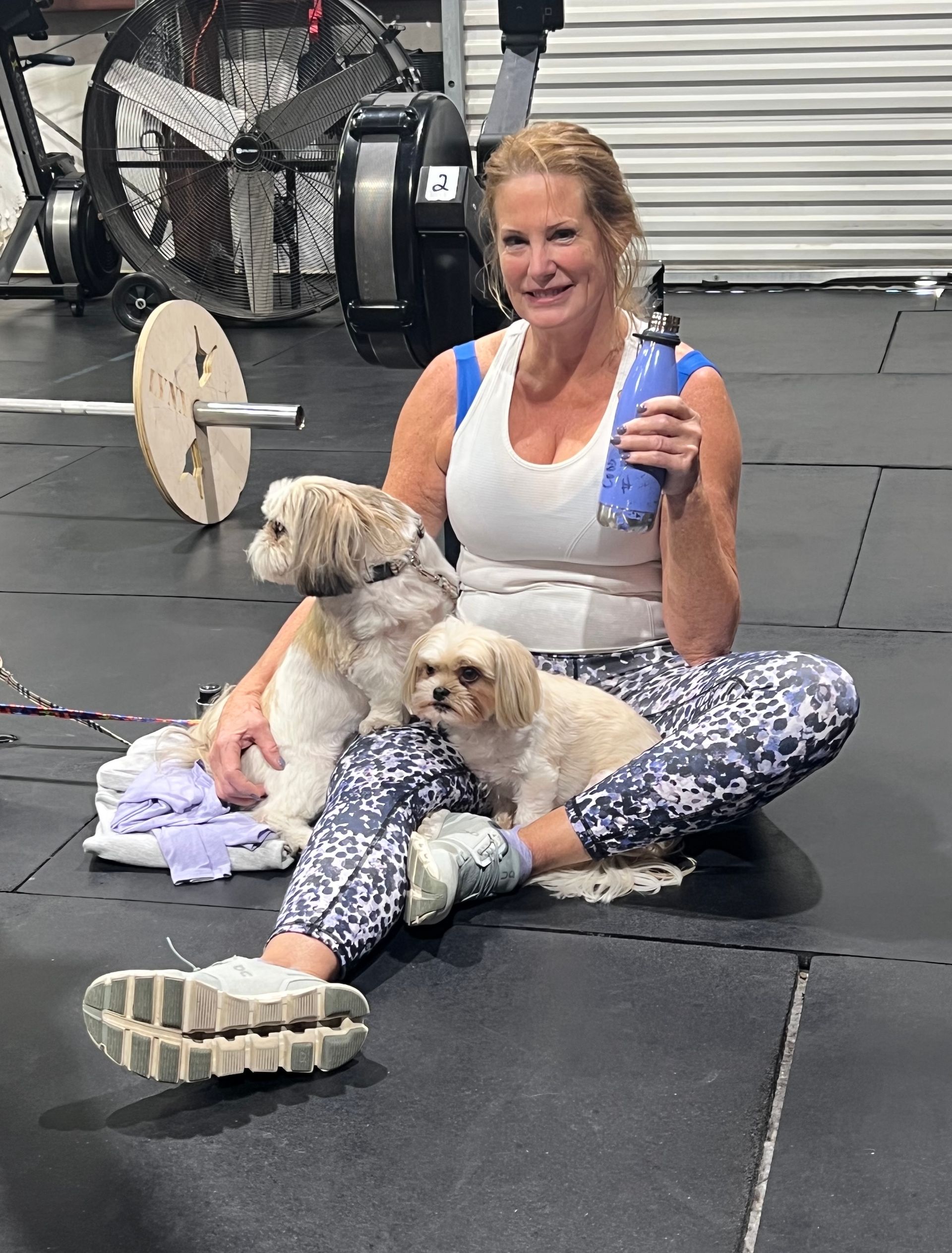 A woman is sitting on the floor with two dogs in a gym.