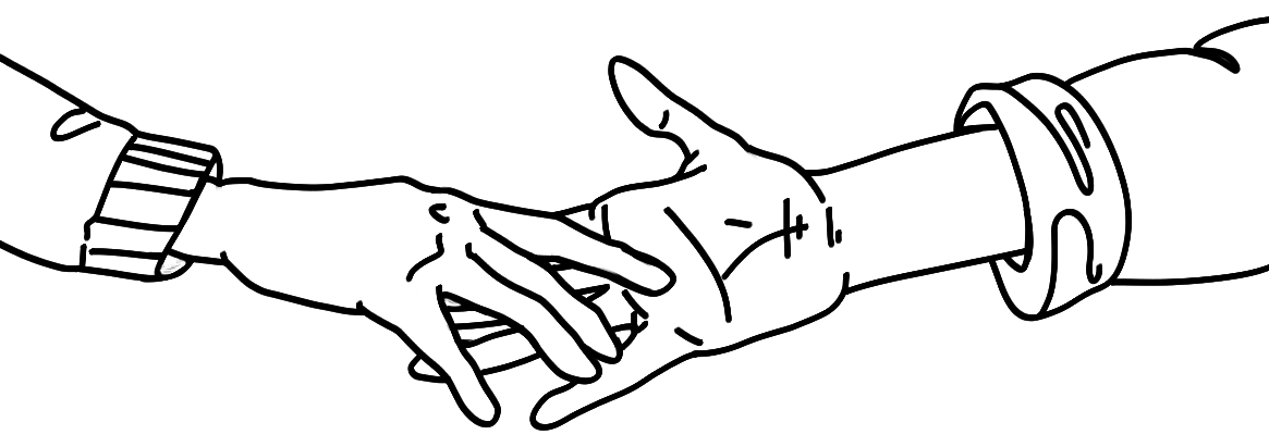 A black and white drawing of two hands holding each other.