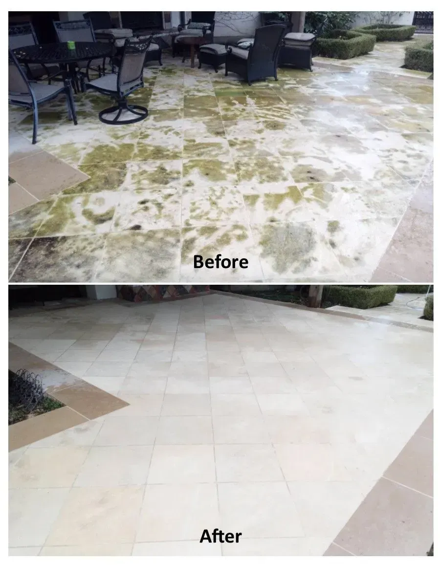 A before and after photo of a patio with moss on it.