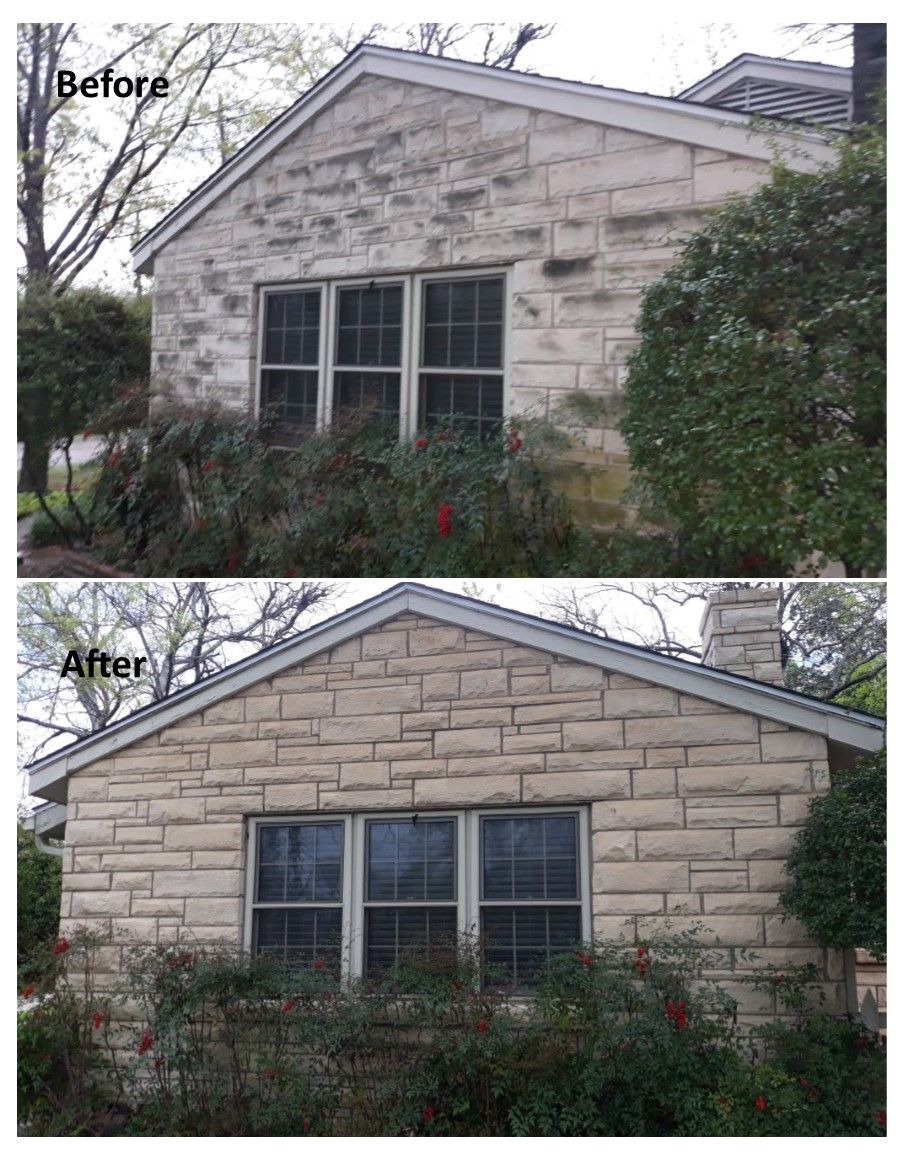 Before and after of stone house; dirty exterior cleaned to show lighter stone and clearer windows.