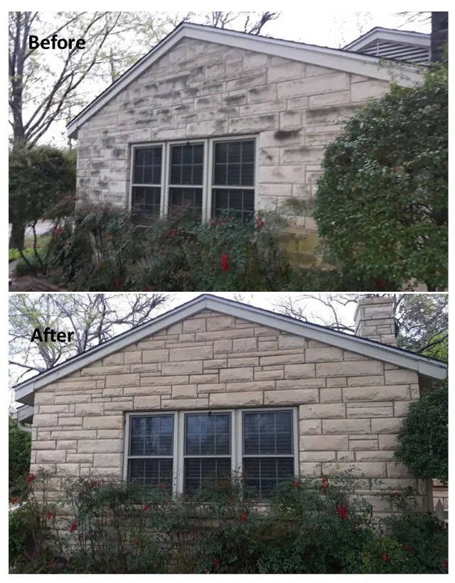 A before and after picture of a brick house with windows.
