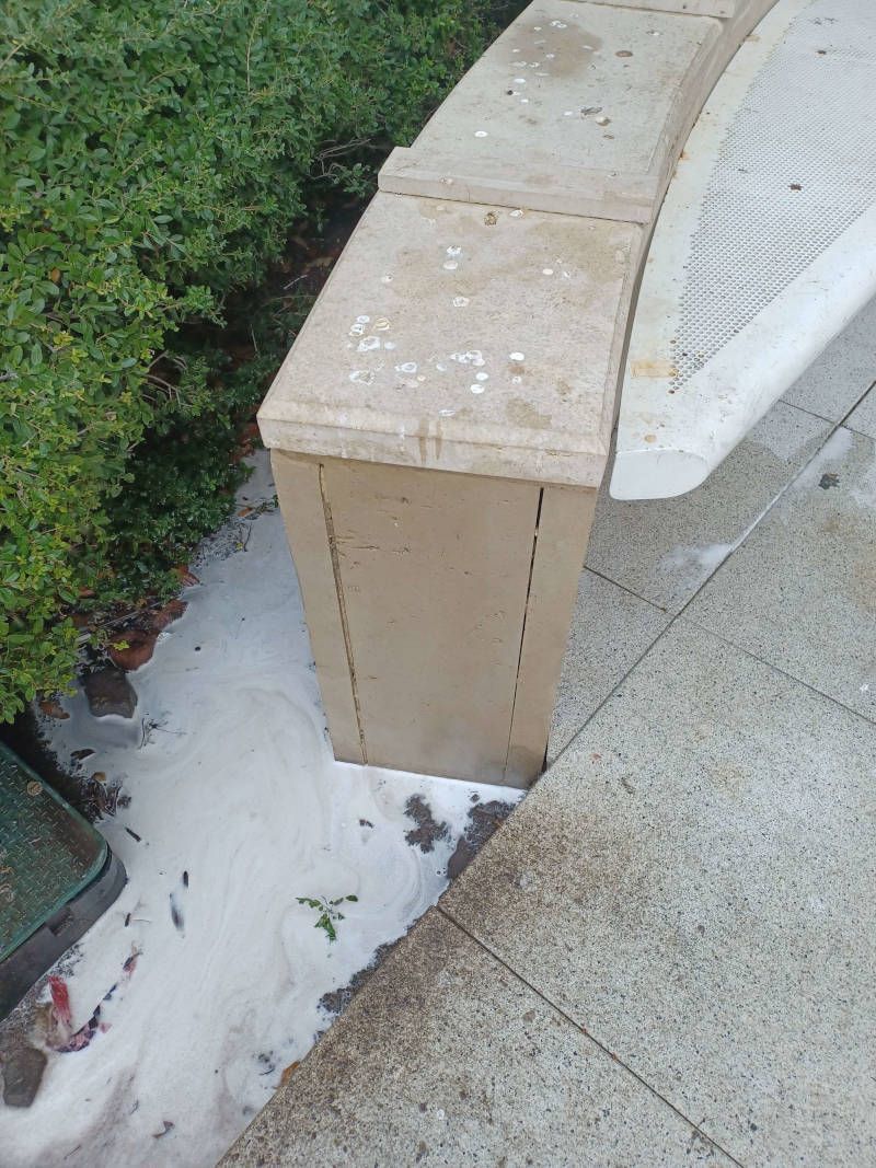 A white bench is sitting on a sidewalk next to a bush.