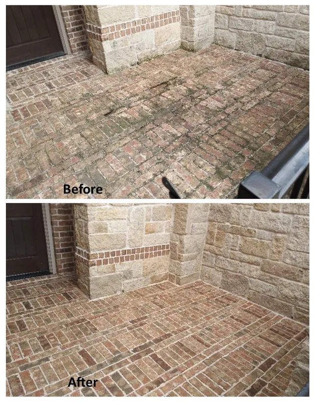 A before and after picture of a brick walkway.