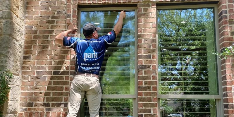 A man is cleaning a window on a brick wall.