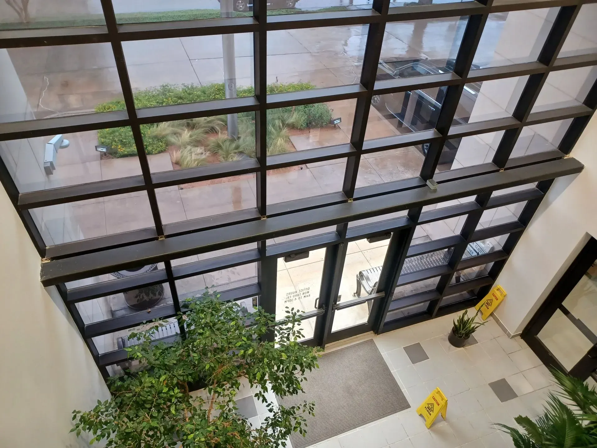An aerial view of a building with lots of windows